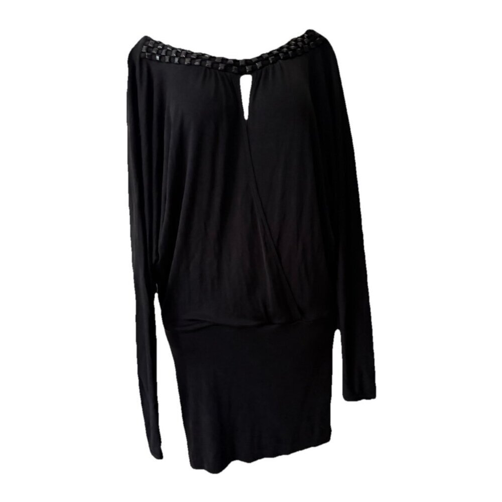 VTG BeBe Black Silk Dress SZ Small Stretch Deep V Neck Beaded Accents Glam Y2K